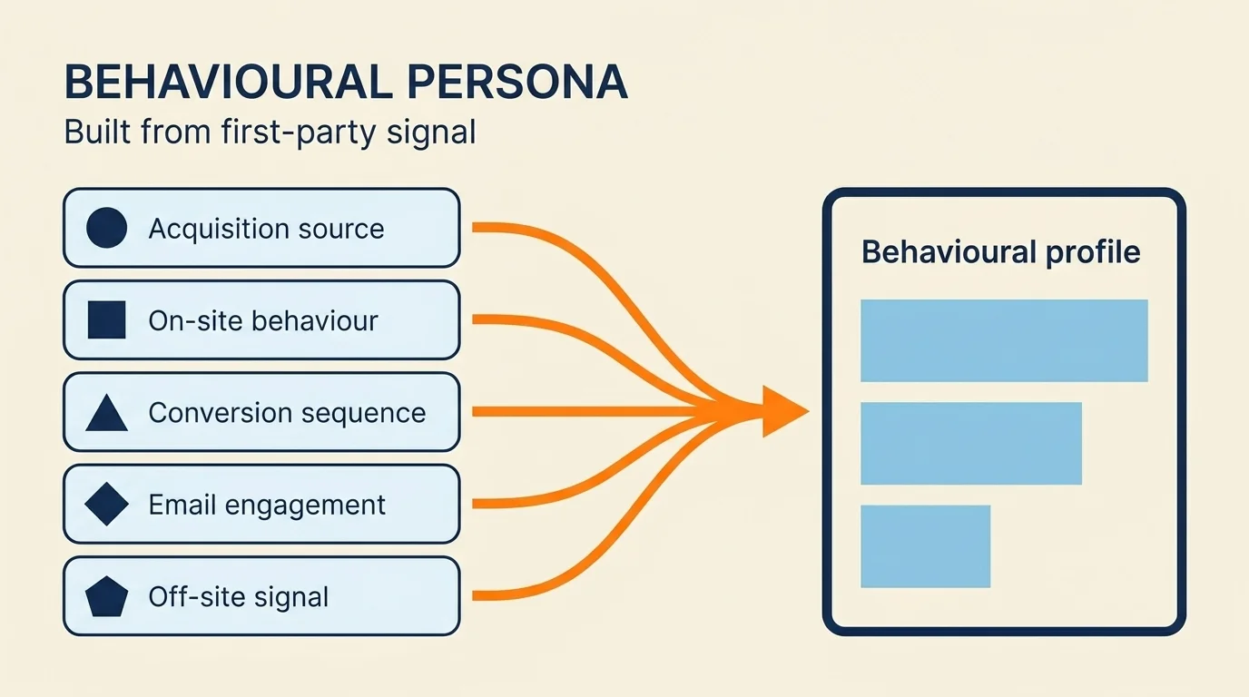Behavioural persona panel built from five first-party data inputs flowing into a unified customer profile
