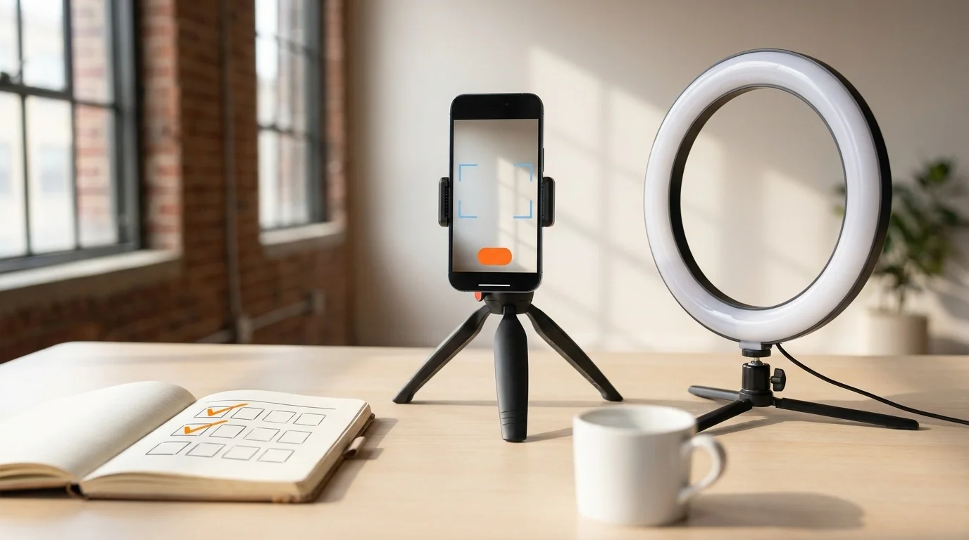 Content creator's home studio with smartphone on a tripod, ring light and notebook open to a campaign brief