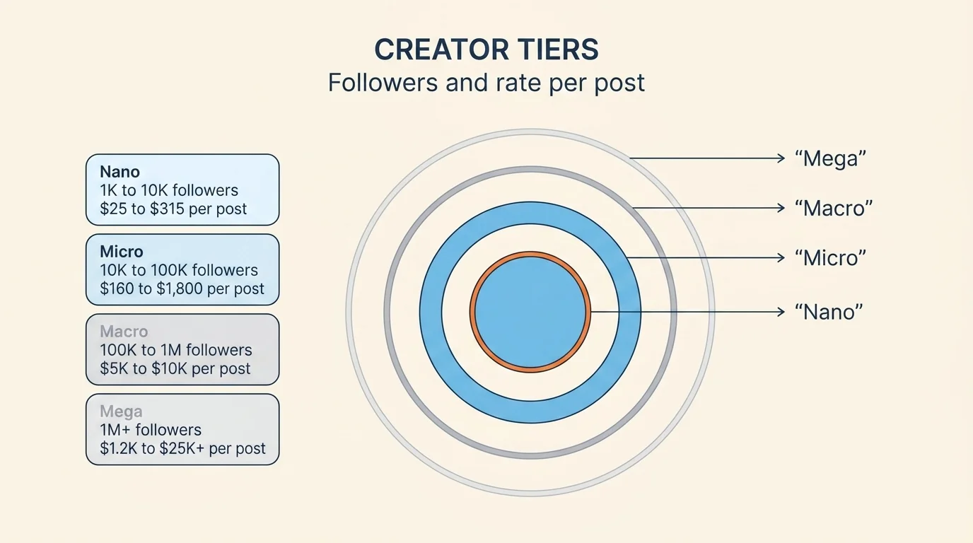 Concentric tier diagram comparing nano, micro, macro, and mega creator tiers with follower ranges and rate-per-post bands