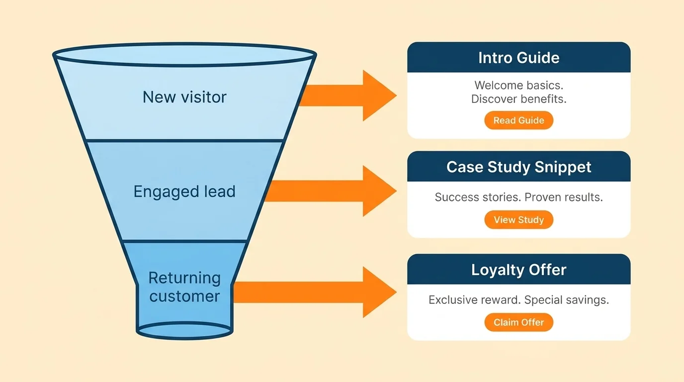 Customer journey funnel split into new visitor, engaged lead, and returning customer cohorts with content variants