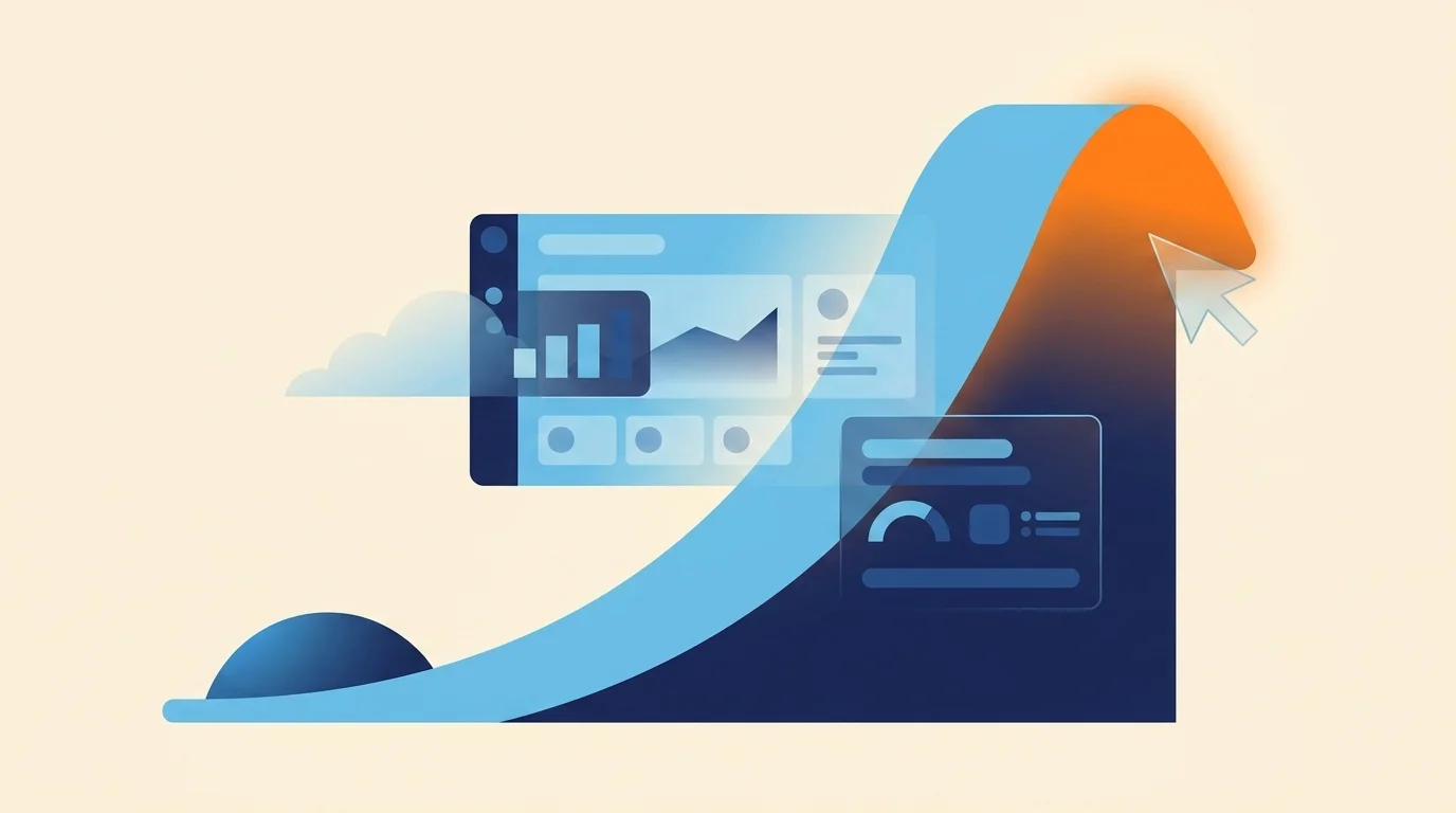 A bold upward growth curve rising over abstract dashboard panels, a cloud motif, and a cursor, for a fast-growing market
