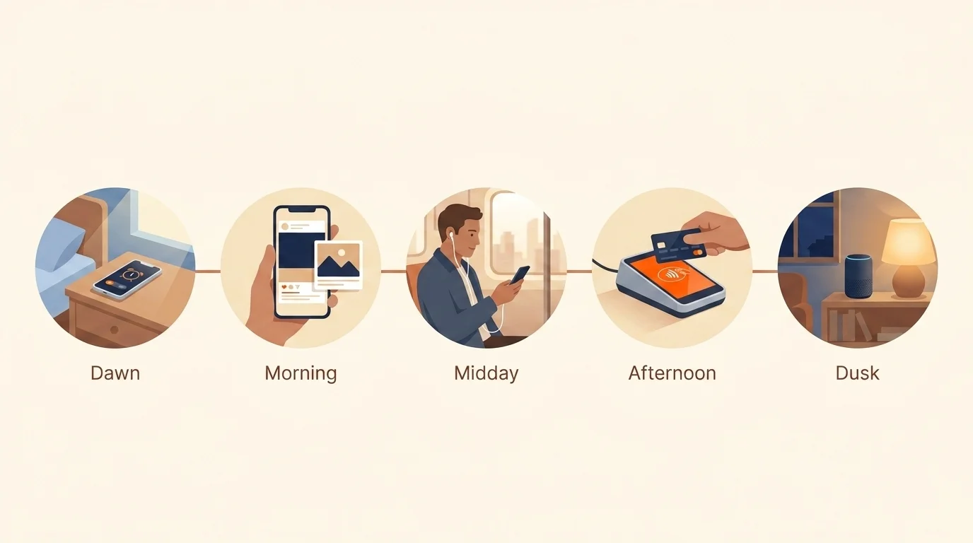 A day-timeline of digital moments — a phone alarm, a social feed, a commuter streaming, a tap to pay, and a smart speaker