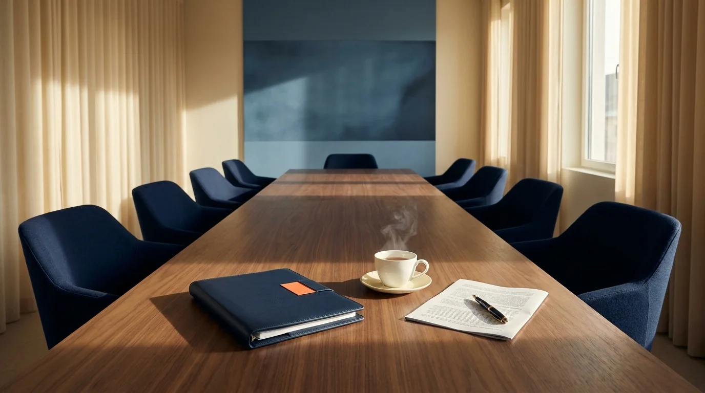 Empty modern boardroom in late afternoon with closed leather folio, fountain pen and porcelain tea cup on a walnut table