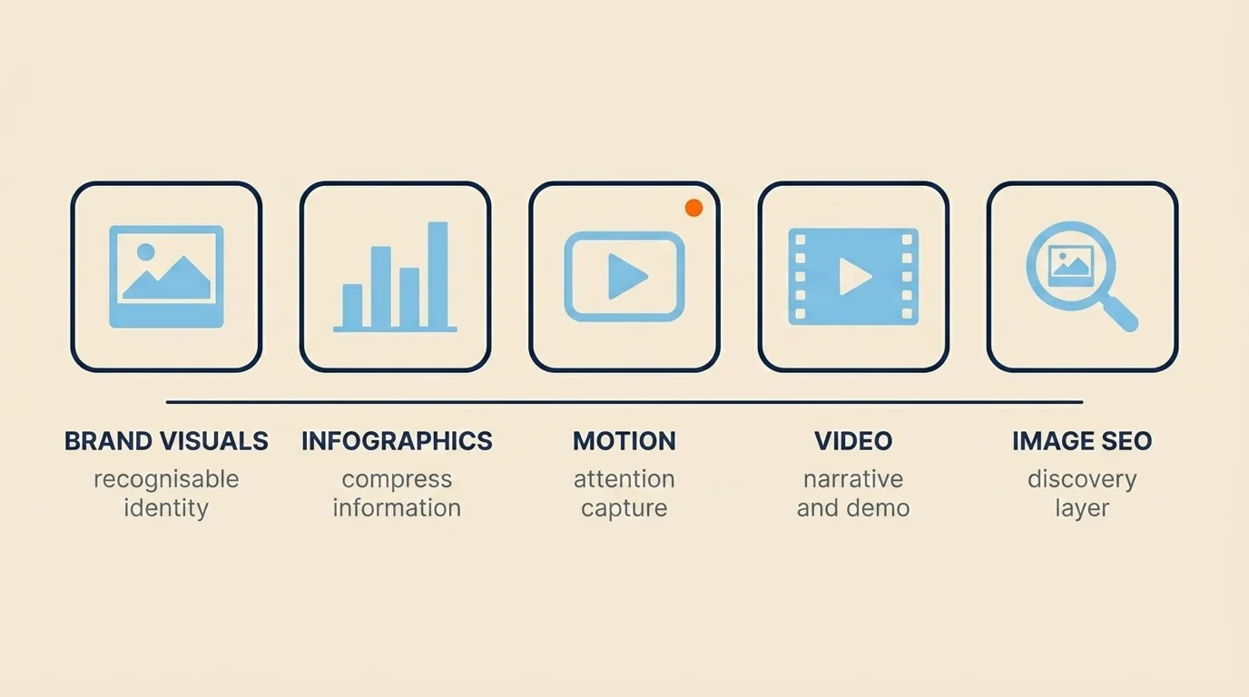 Row of five connected channel icons: brand visuals, infographics, motion, video and image SEO in a flat editorial style