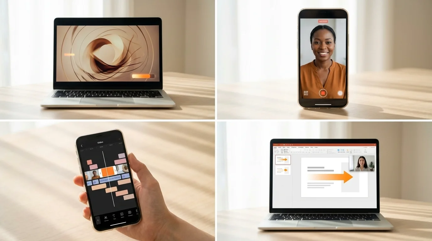 A 2x2 grid of four screens showing an AI video generator, an avatar presenter, a mobile edit timeline, and an explainer