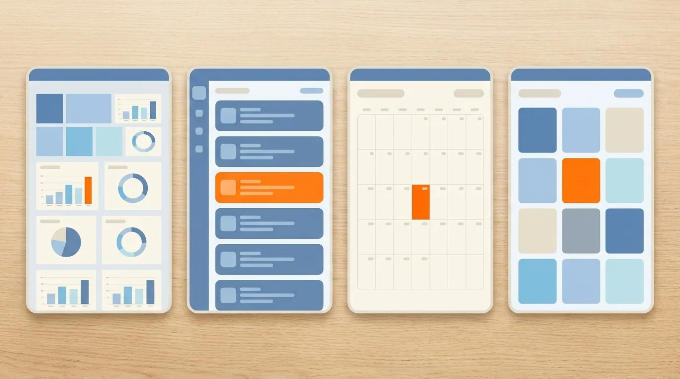 Four social platform dashboards in a row — a reporting view, a multi-network queue, a minimal scheduler, and a visual grid