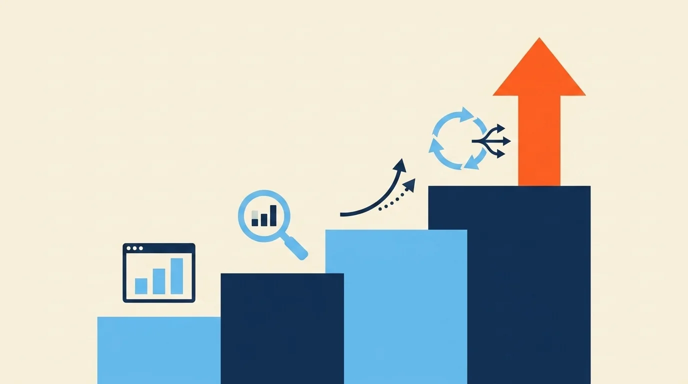 A four-step ladder of analytics types — dashboard, magnifying glass, forecast curve, loop arrow — topped by a decision arrow