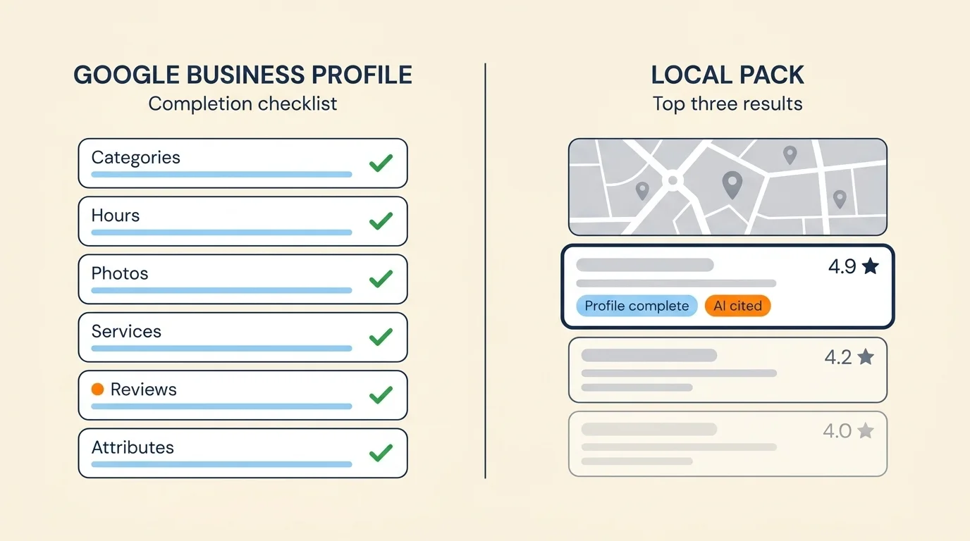 Google Business Profile checklist beside a local pack diagram with AI-cited top result for local SEO