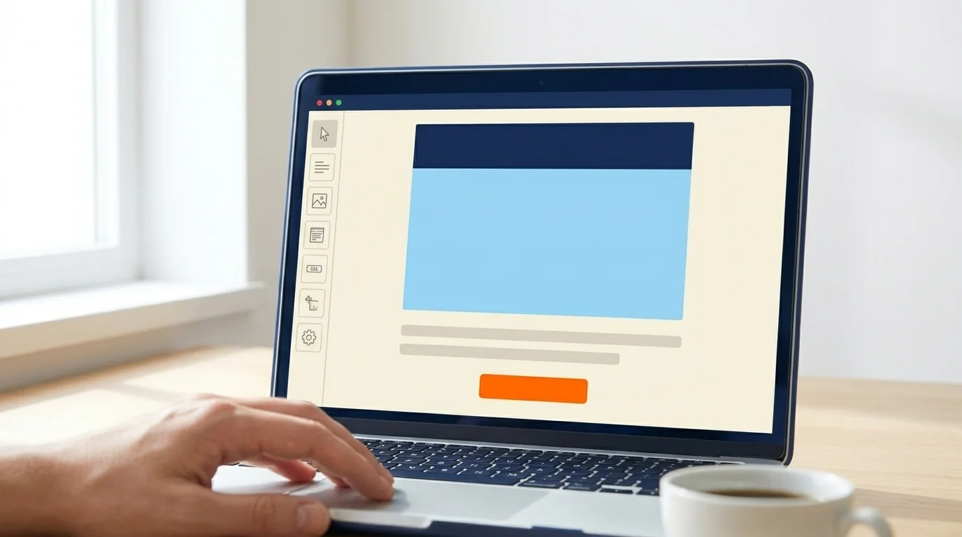 Close-up of laptop email-design editor showing header band, hero block, text rows and an orange CTA button