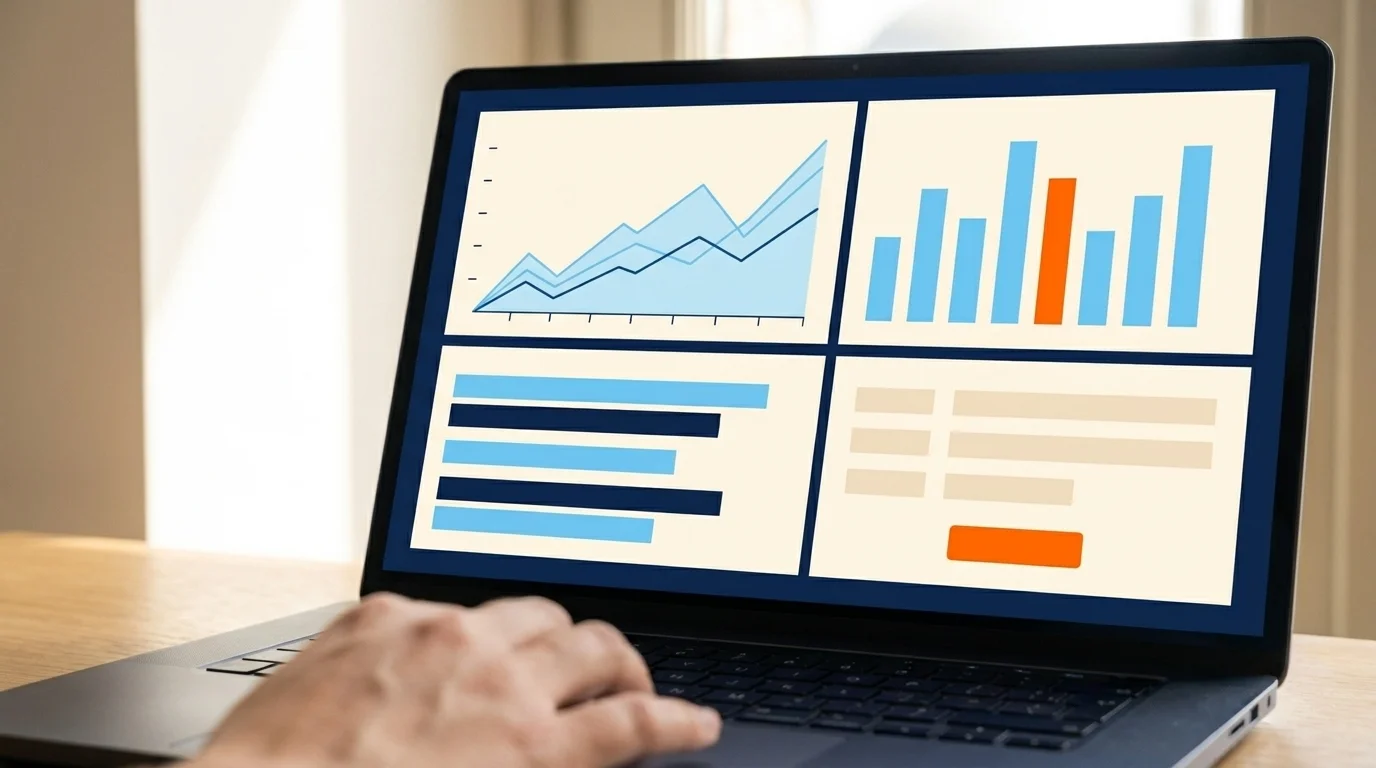 Four-panel marketing analytics dashboard with line chart, bar chart, segmentation bands and content generation panel