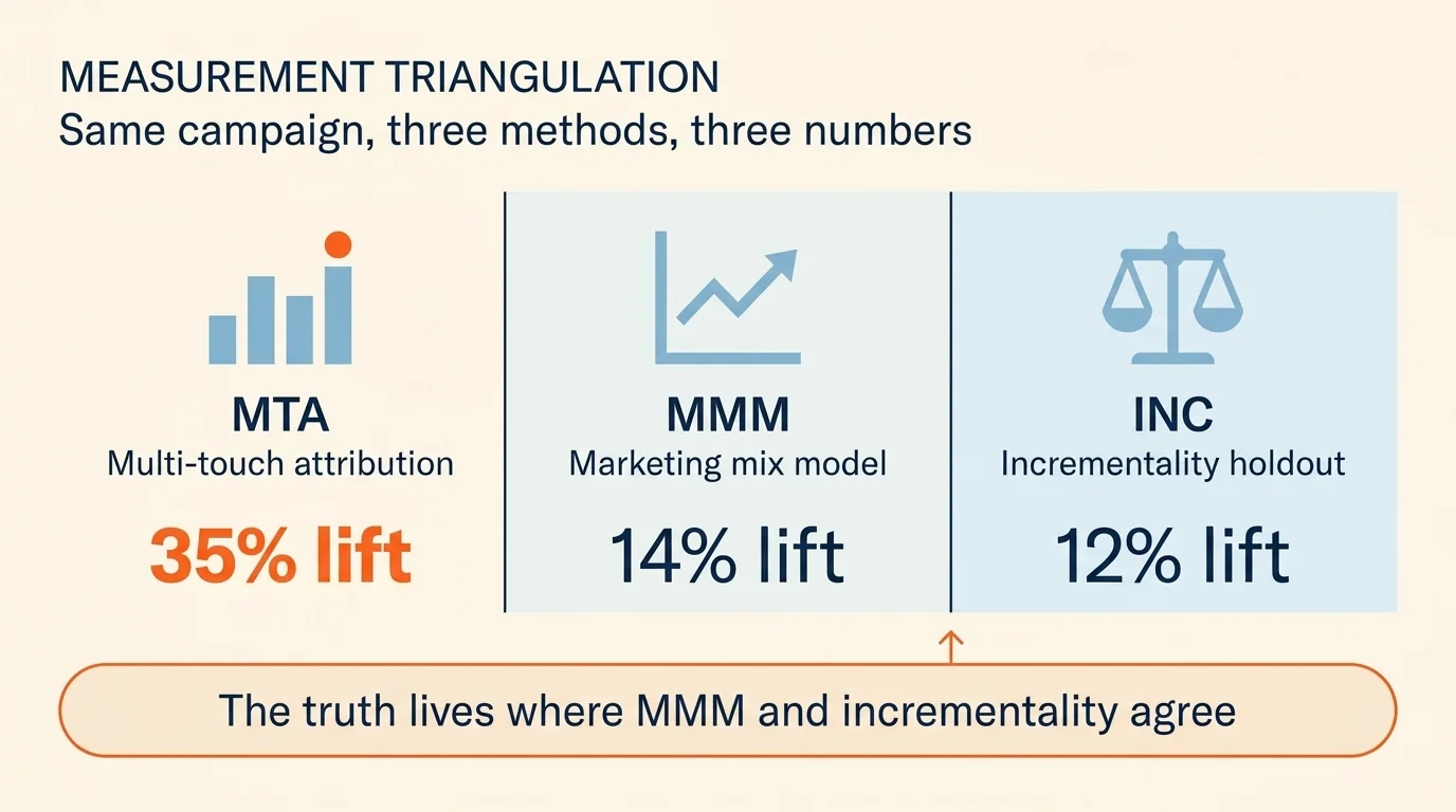 Three-pane comparison showing MTA MMM and incrementality reporting different lift numbers for the same marketing campaign