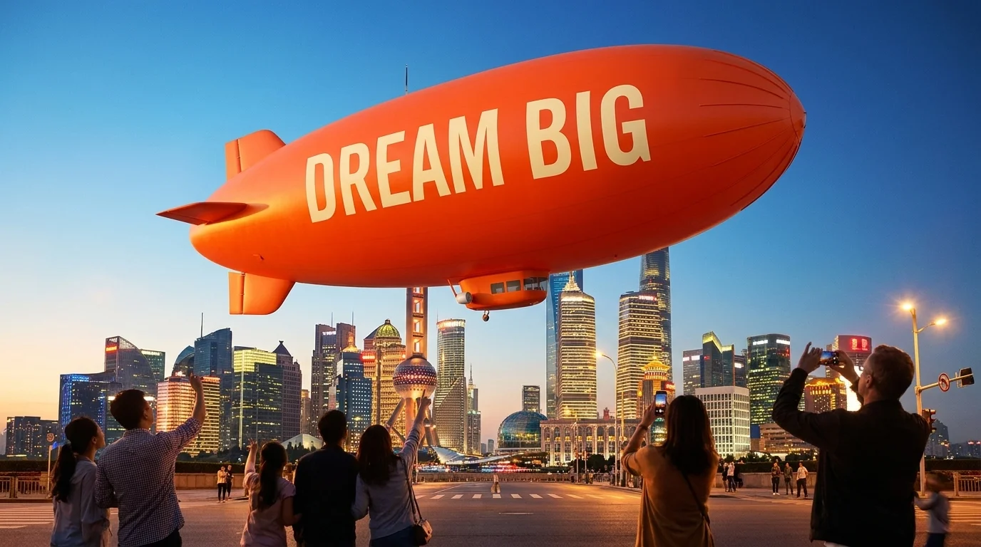 A giant bright-orange promotional blimp over a city skyline at dusk as a crowd looks up