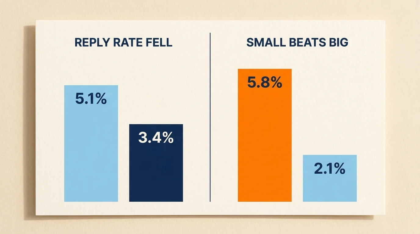 A two-panel bar chart showing cold email reply rates falling over time, and small verified lists beating mass blasts