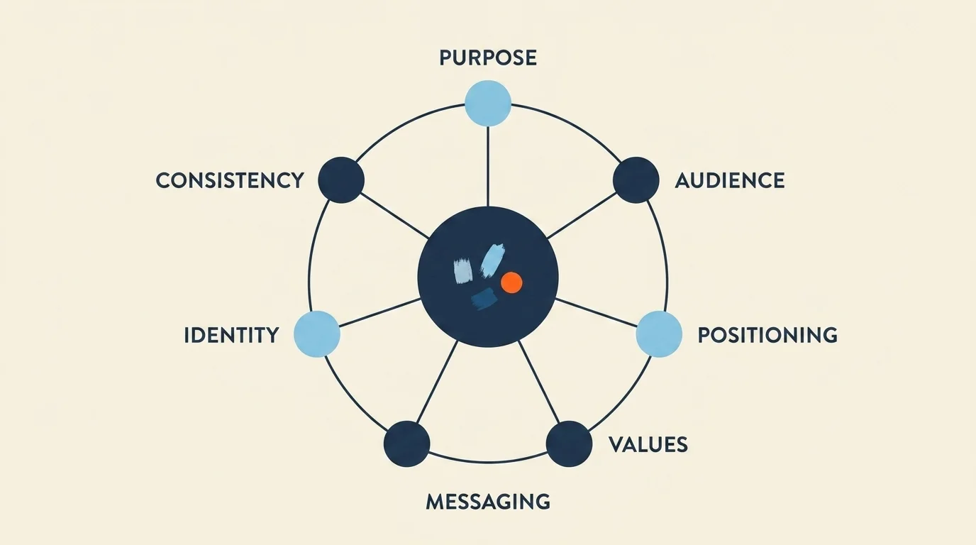 A diagram of the seven elements of brand strategy as labeled nodes around a central brand core