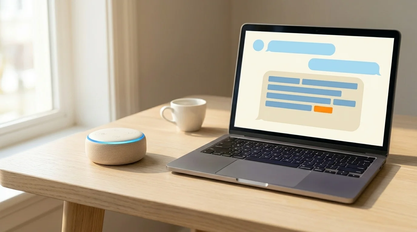Smart speaker beside a laptop showing an AI chat interface with a vivid-orange citation chip inline in the response