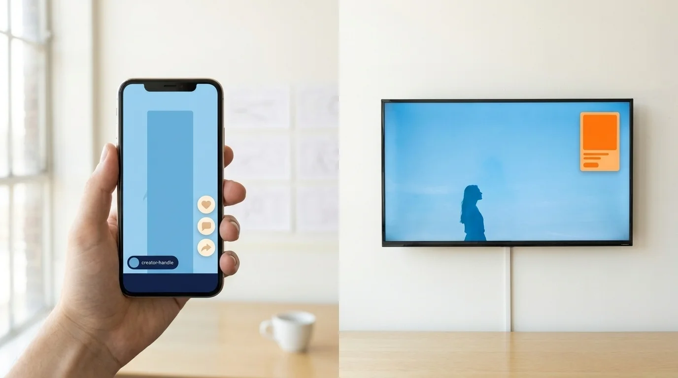 Split-screen photo of a vertical short video on a smartphone and a horizontal connected-TV commercial in a daylit studio