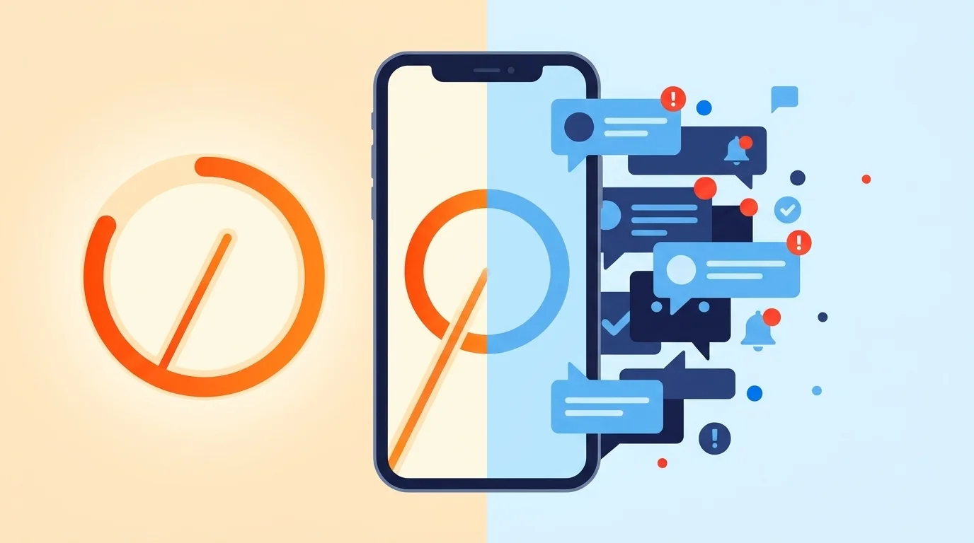 A phone split in two: a warm side with a rising progress ring and streak, a cool side crowded with notification bubbles