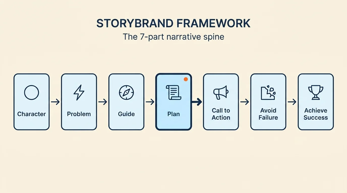 StoryBrand 7-part narrative framework flow diagram from Character to Achieve Success for brand storytelling