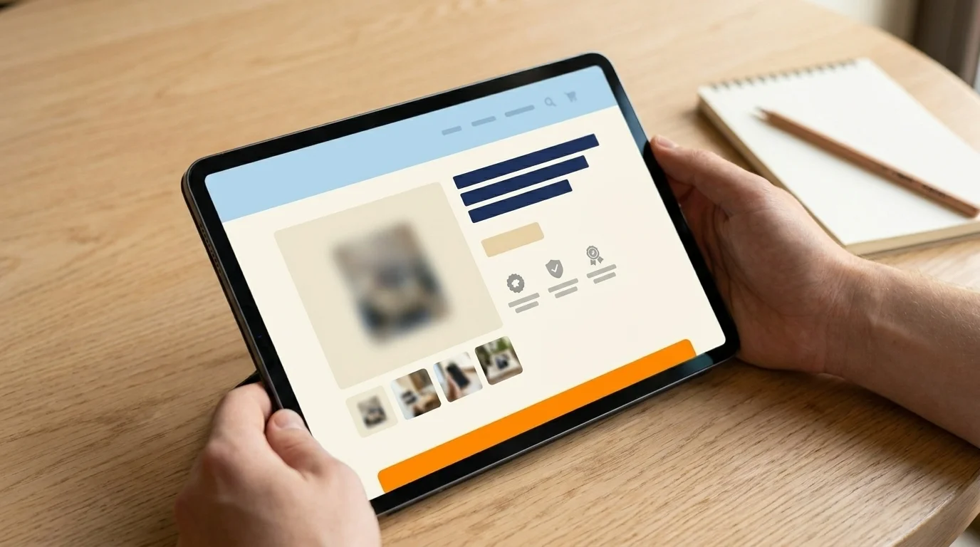 Tablet showing an ecommerce product detail page with primary product image, thumbnails, trust badges and price