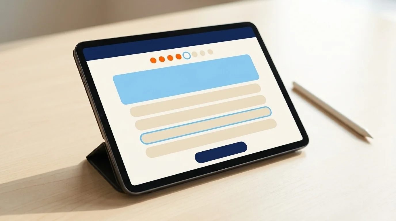 Tablet displaying an interactive quiz mid-completion with seven progress dots, a question card and four answer pills
