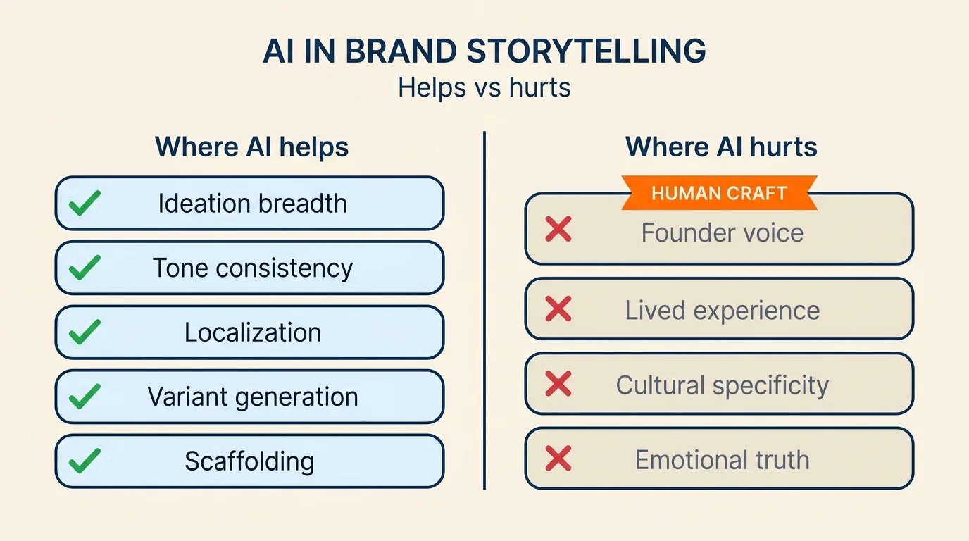 Two-column matrix showing where AI helps brand storytelling and where it hurts the human craft of narrative content