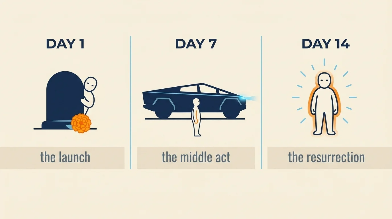 Three-panel mascot lifecycle illustration with tombstone, futuristic pickup truck silhouette, and resurrection rays of light