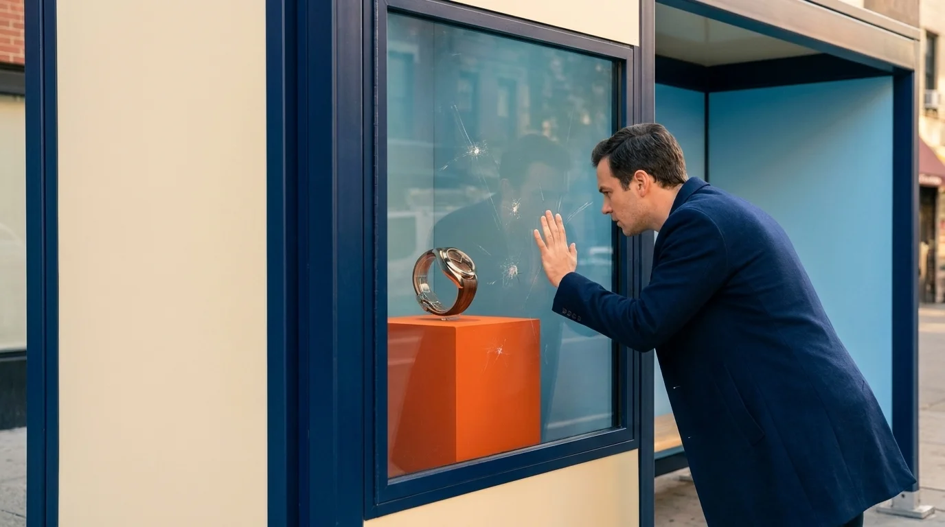 A pedestrian inspects a reinforced glass panel at a bus stop protecting a valuable prize, a product-demo stunt