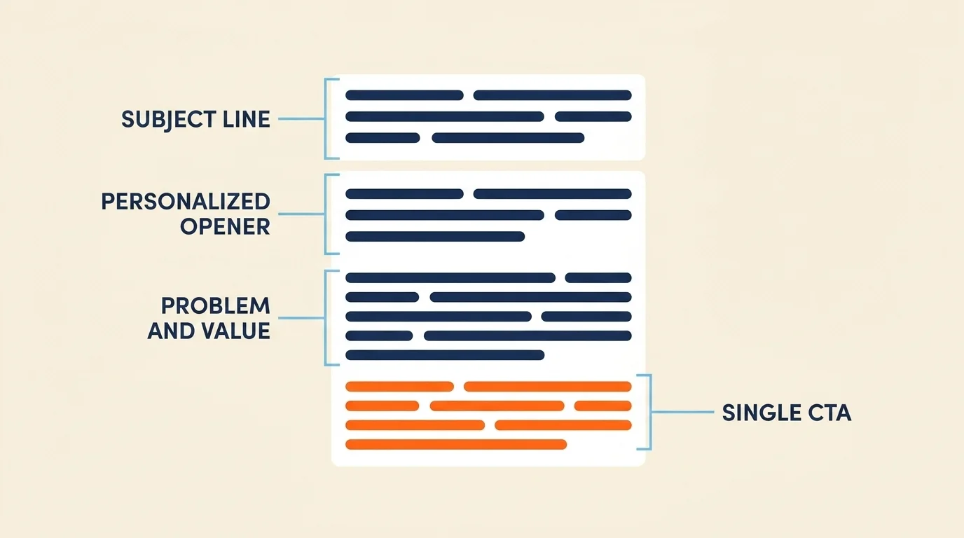 A four-part cold email anatomy with labeled segments — subject line, personalized opener, problem and value, and single CTA
