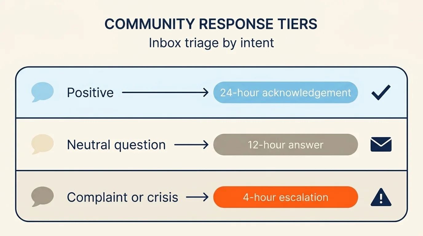 Community response tier diagram showing 24-hour 12-hour and 4-hour SLAs for inbox triage by message intent