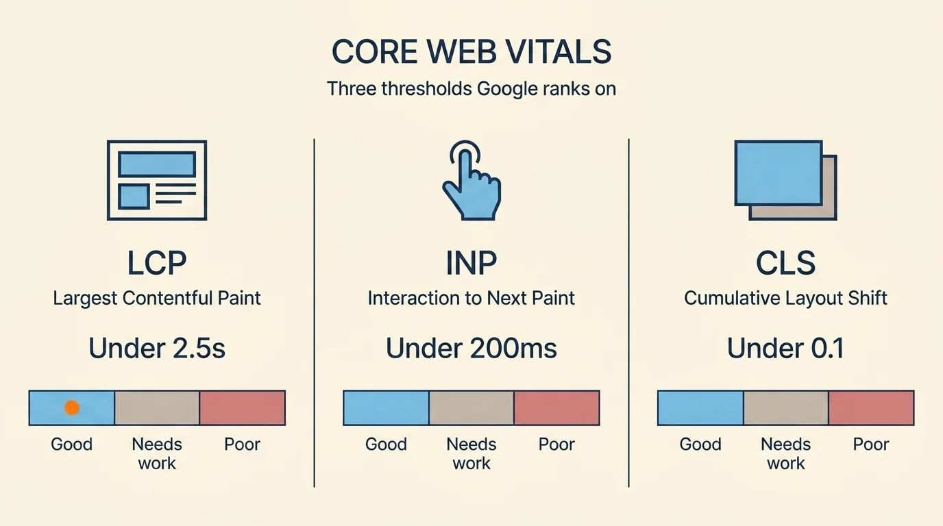 Three Core Web Vitals thresholds for SEO 101 — LCP under 2.5s, INP under 200ms, CLS under 0.1 with color-coded scale
