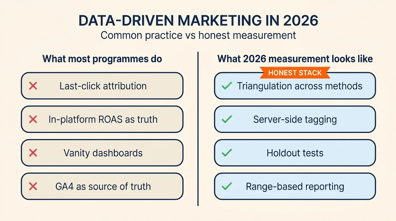 Two-column matrix contrasting common data-driven marketing practice with honest 2026 measurement methodology