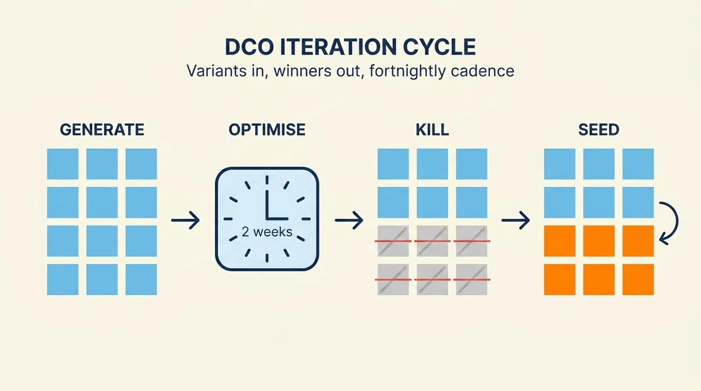 Dynamic creative optimisation cycle generating twelve variants, killing the bottom half, reseeding from top performers