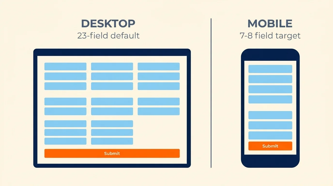 Side-by-side checkout flow comparison: 23 desktop form fields versus 7 mobile fields, sky-blue and orange