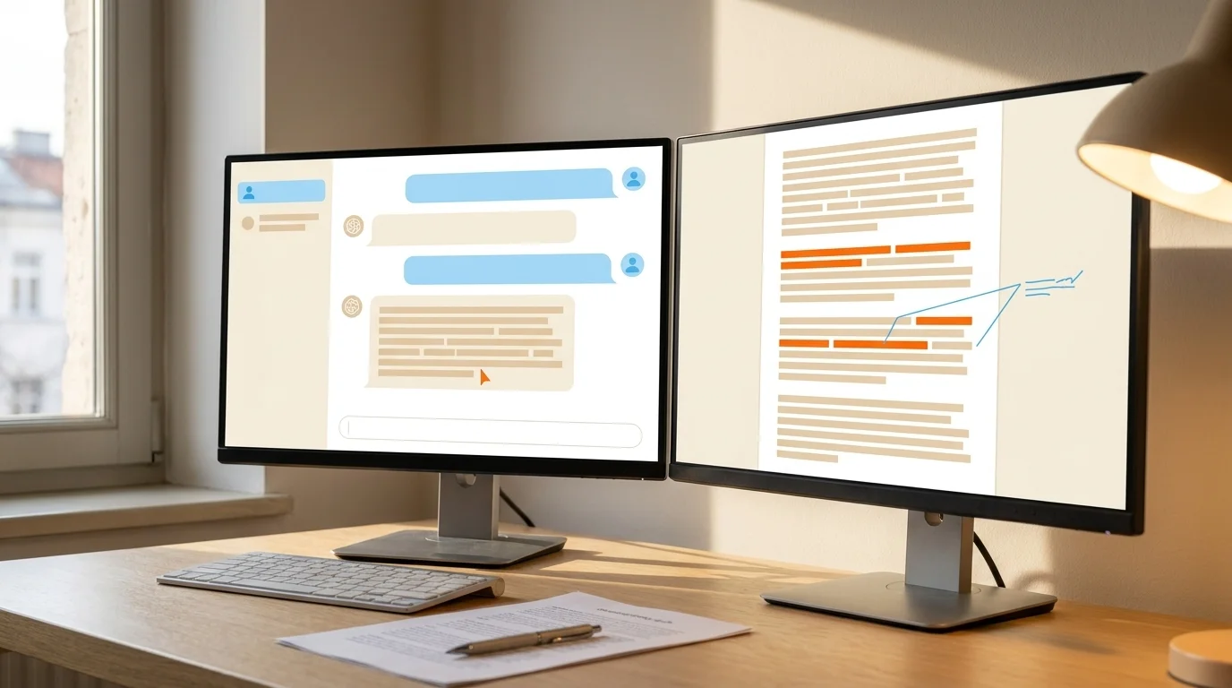 Two-monitor desk: a generative AI chat mid-response on the left, a marked-up blog draft with orange highlights on the right