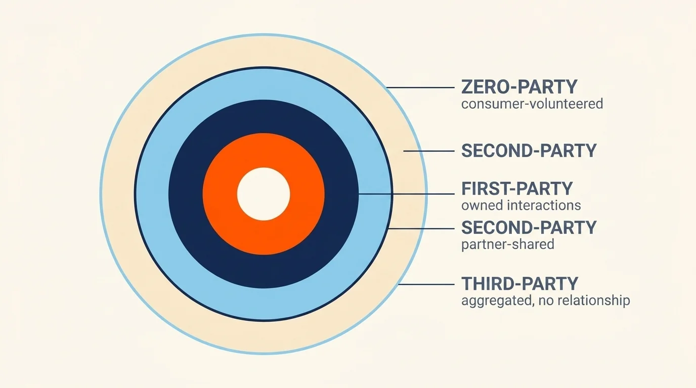 Four concentric rings showing the consumer-data spectrum: zero-party, first-party, second-party, third-party