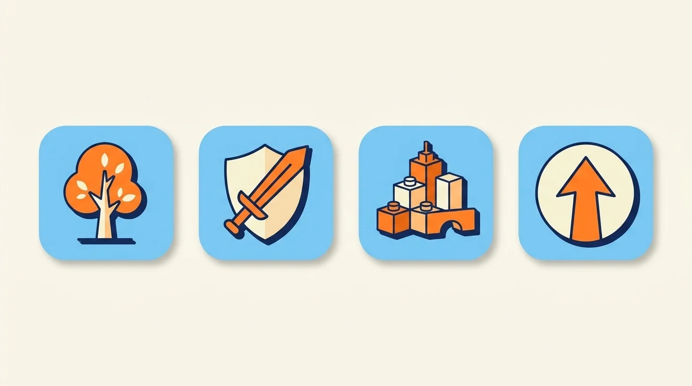 A row of gamification motifs — a growing tree focus timer, a quest badge, a block-city skyline, and an upward-arrow circle