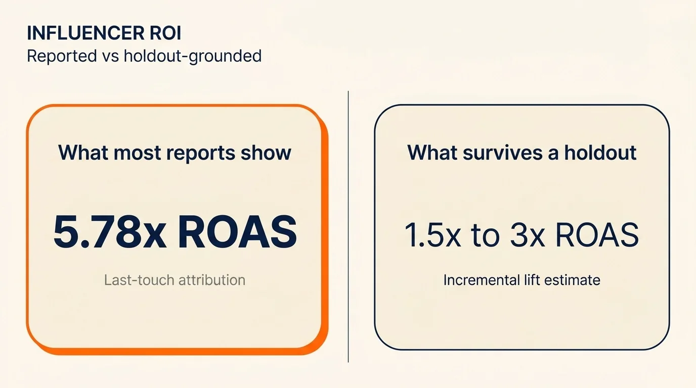 Side-by-side comparison of headline reported influencer ROI versus the holdout-grounded incremental lift estimate