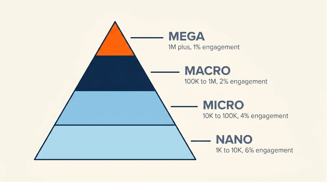 Influencer tier pyramid: nano, micro, macro, and mega with engagement rates from 6% at base to 1% at apex