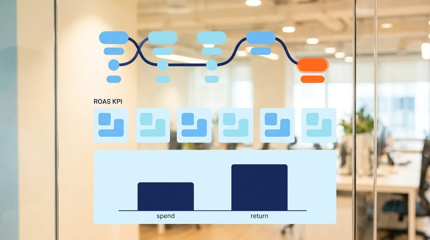 A multi-touch attribution path to one conversion, above a row of ROAS tiles and a spend-versus-return bar chart