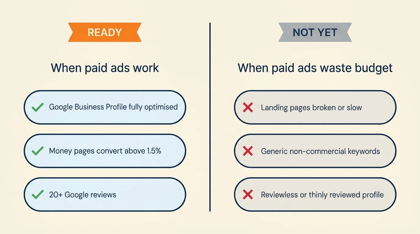 Paid ads readiness matrix contrasting optimised foundations with broken-funnel pitfalls for small business