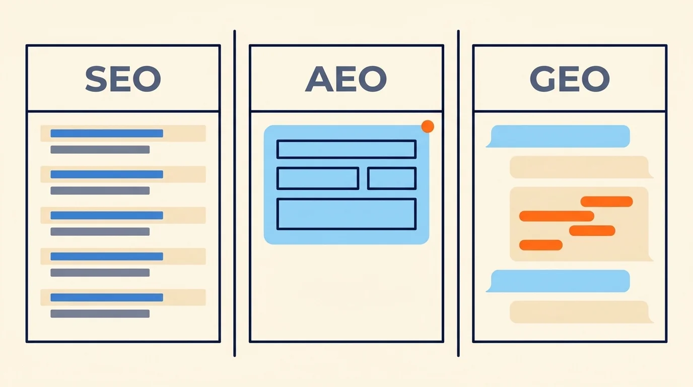 Three side-by-side columns comparing SEO blue-links, AEO answer card and GEO chat citation result types