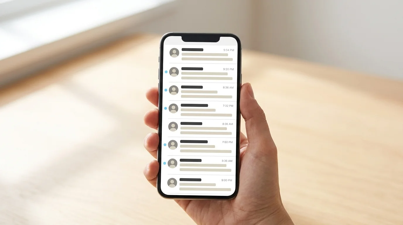 Smartphone held in a hand showing mobile inbox preview with three unread messages and sky-blue indicator dots