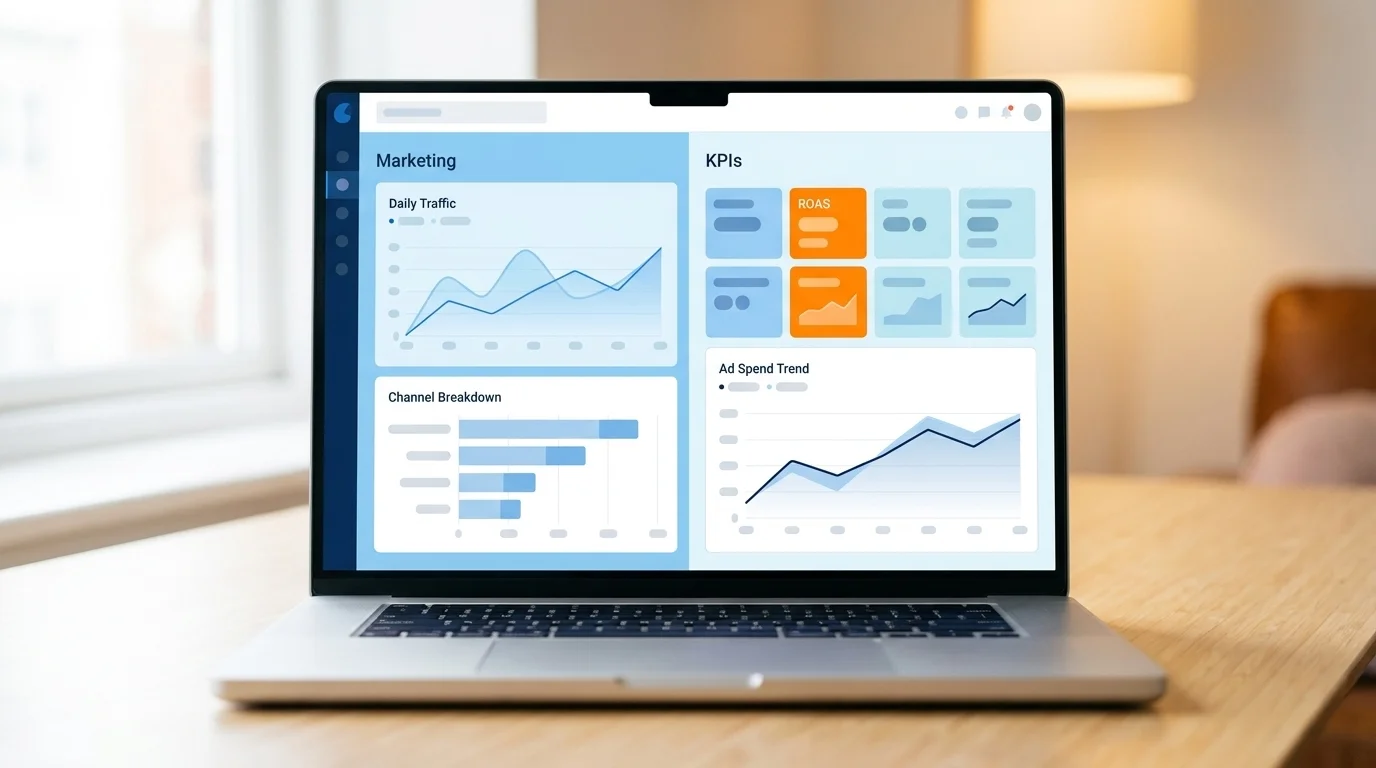 Two marketing dashboards on a laptop — a traffic breakdown with a line chart and an ad-spend ROAS view with KPI tiles
