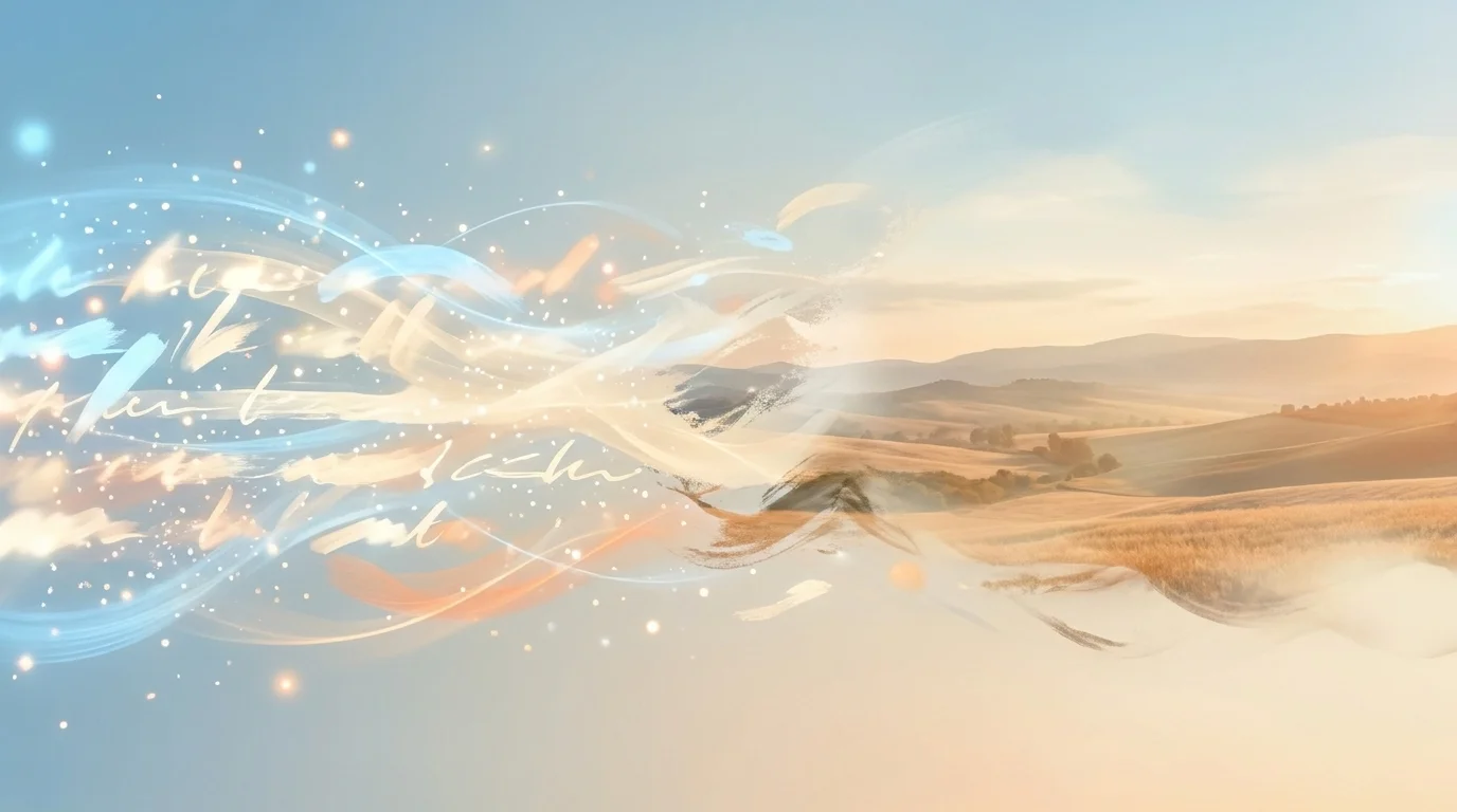 A stream of glowing horizontal light marks on the left dissolves into a cinematic generated film still on the right