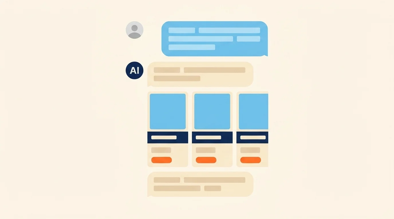 Agentic commerce AI chat interface with three product cards and orange buy buttons inline in the conversation
