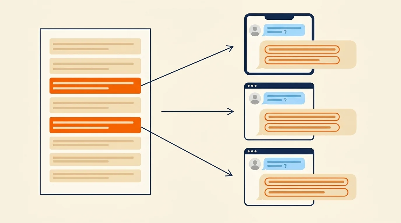 Answer engine optimization flow: two highlighted paragraphs from an article surfaced as citations in three AI chat panels