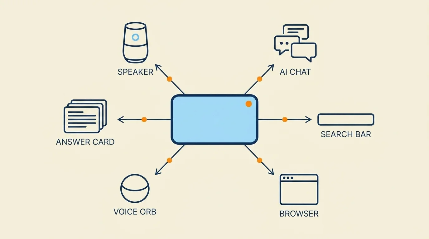 Conversational search distribution hub: central content node connected by arrows to six surface icons