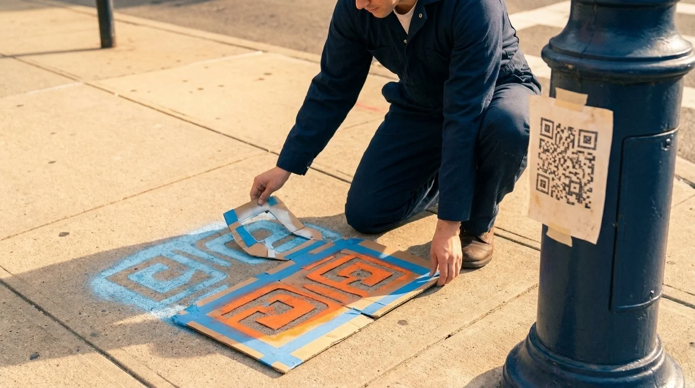 A person stencils a chalk design onto a city pavement beside a small QR-code flyer taped to a lamp post