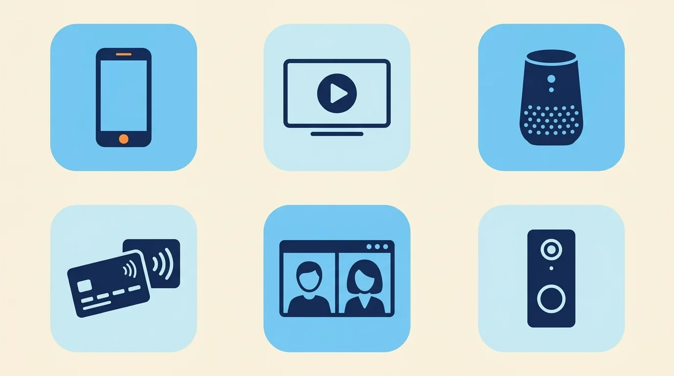 A grid of everyday digital technology examples — a smartphone, streaming, a smart speaker, tap-to-pay, and a video call