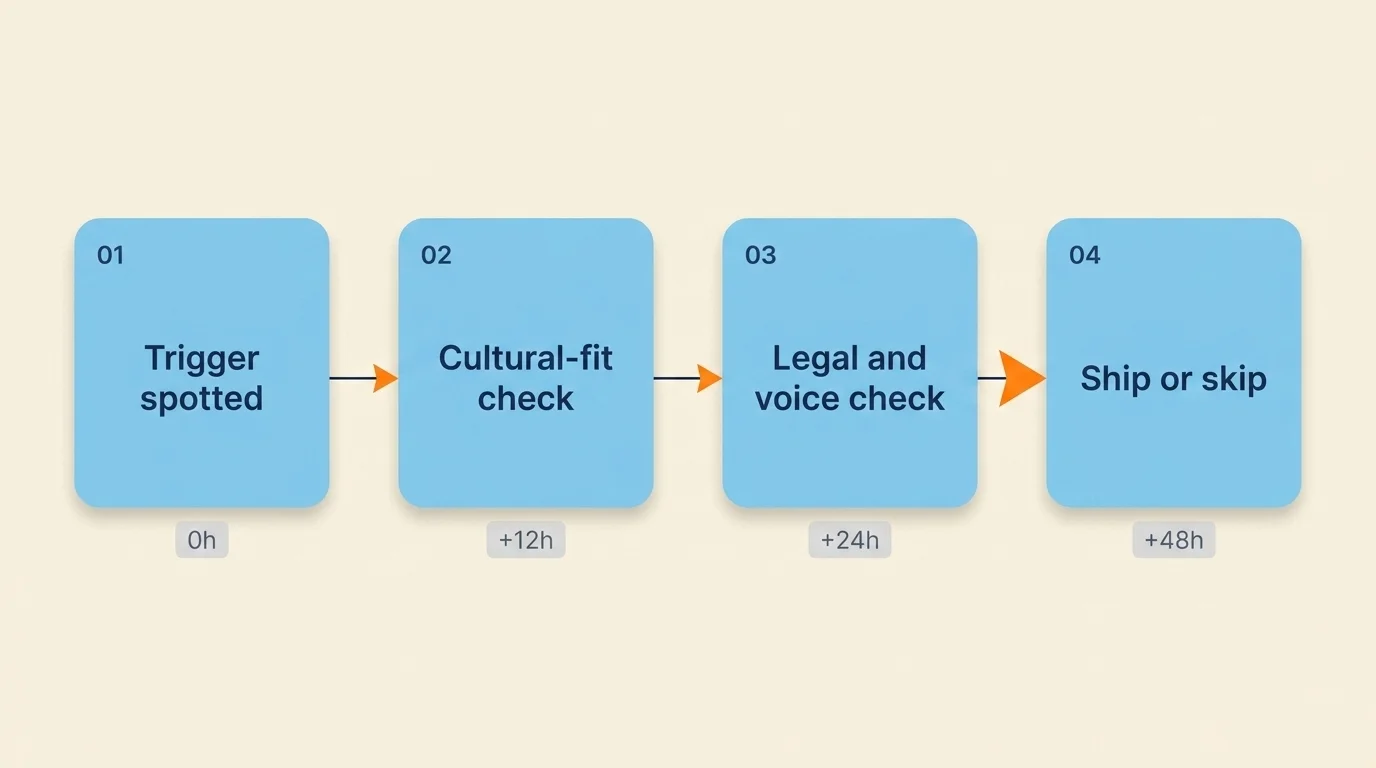 Four-step horizontal workflow diagram for a 48-hour meme brief: trigger, cultural fit, legal review, ship-or-skip